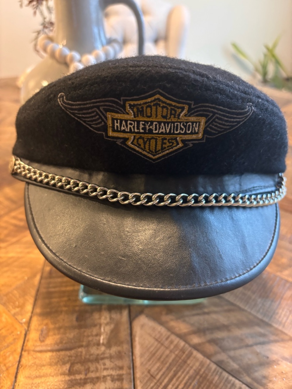 Harley-Davidson Black & Gold Wool Leather Chain Cap VINTAGE - Picture 6 of 10